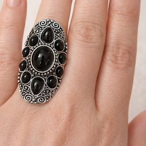 Statement Black Onyx Filigree Ring | Silver Tone Women’s Size 8